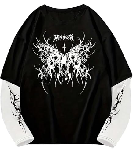MLAFE Goth Long Sleeve Top Y2K Thorn Cross Print T-shirt Large